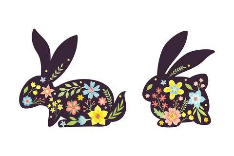 Black Easter Rabbit with Flowers and Floral Decoration Inside Vector Set Stock Illustration