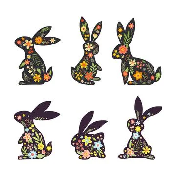 Black Easter Rabbit with Flowers and Floral Decoration Inside Vector Set Stock Illustration