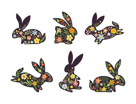 Black Easter Rabbit with Flowers and Floral Decoration Inside Vector Set Stock Illustration