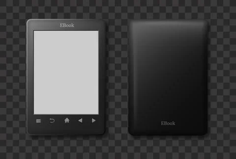 Black ebook front and back view template isolated. Tablet reader with screen and Stock Illustration