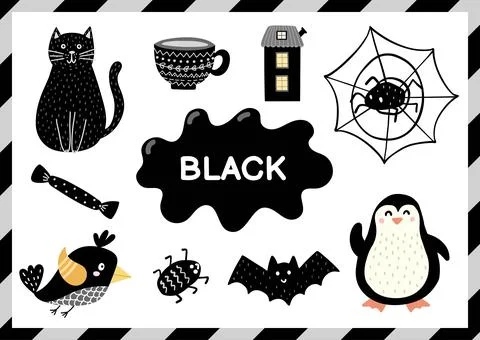 Black. Educational worksheet for kids. Learning the color black set Stock Illustration