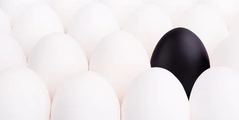 Black egg between many white eggs Stock Photos