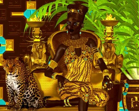 Black Egyptian princess with leopard. Illustrazione stock