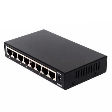 Black eight port network switch plain Stock Photos