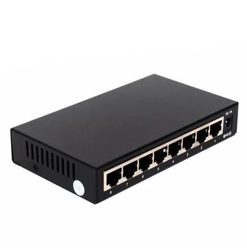 Black eight port network switch plain angled Stock Photos