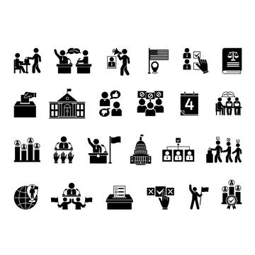 Black Elections Icon Set. Vector Icons: Voting, Candidate, Opinion, Governm.. Stock Illustration