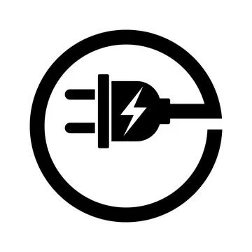 Black electric plug symbol with lightning bolt inside circle electricity powe Stock Illustration