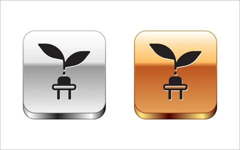 Black Electric saving plug in leaf icon isolated on white background. Save .. Stock Illustration
