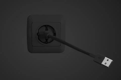 Black electric socket on the wall and usb cord Stock Photos