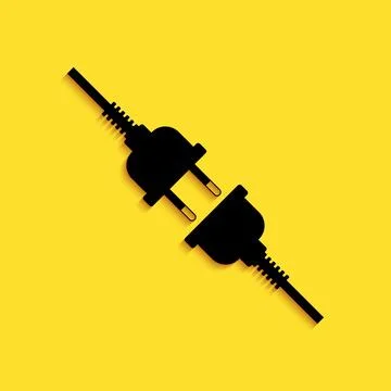 Black Electric wire plug and socket icon isolated on yellow background. Long Illustrazione stock