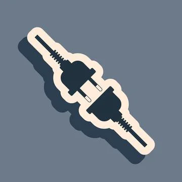 Black Electric wire plug and socket icon isolated on grey background. Long Stock Illustration