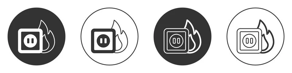 Black Electric wiring of socket in fire icon isolated on white background Illustrazione stock
