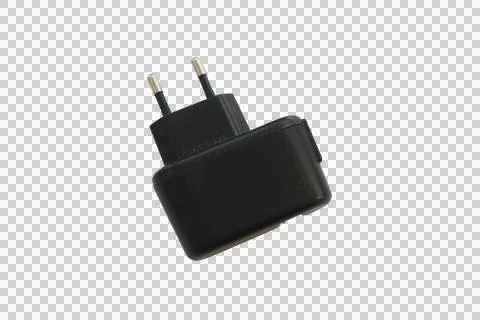 Black electrical adapter with two metal prongs for charging devices Stock Photos