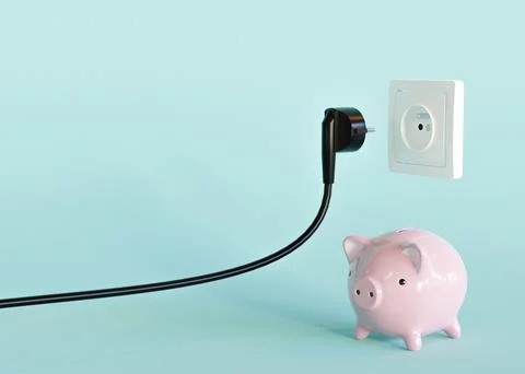 Black electrical plug, electric socket and piggy bank. Ready to connect. Free Stock Illustration