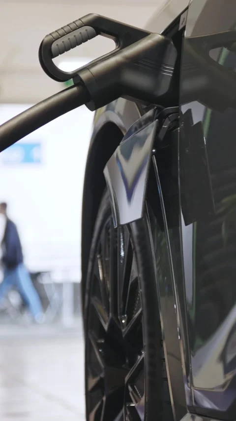 Black electro car on charge at the charging station indoors Stock Footage 328452385