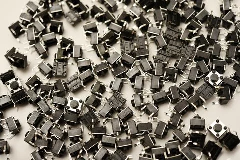 Black electronic buttons on a white background. Electronic elements. Power .. 스톡 사진