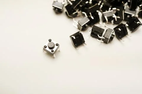 Black electronic buttons on a white background. Electronic elements. Power .. 스톡 사진
