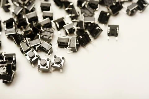 Black electronic buttons on a white background. Electronic elements. Power .. 스톡 사진