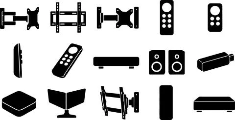 Black electronic mounting brackets remotes and media players for modern int.. Stock Illustration