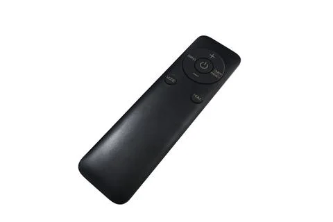 Black electronic remote control with labeled function buttons isolated on a.. Stock Photos
