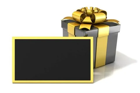 Black elegant Gift box with black blank gift card. 3D Black elegant Gift b... Stock Photos