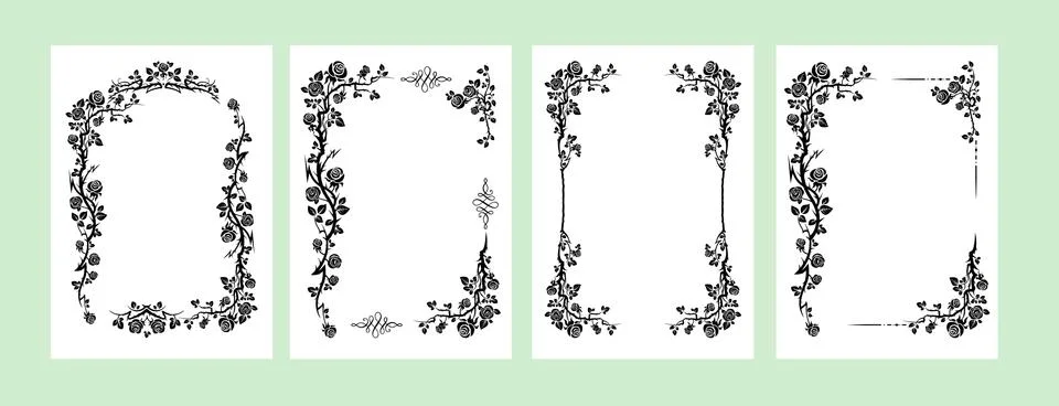 Black elegant set of roses frame Stock Illustration
