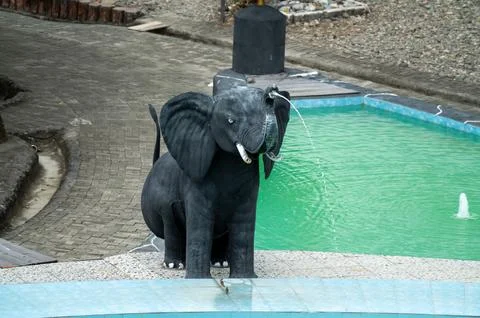 A black elephant statue is sitting in front of a green pool Stock Photos