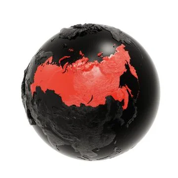 Black Embossed Earth Globe with Eurasia. Russia is Highlighted in Red. 3d Ren Stock Illustration