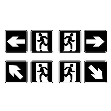 Black Emergency Exit Signs. Vector Icons. Man Running to Door Left, Right, .. Stock Illustration
