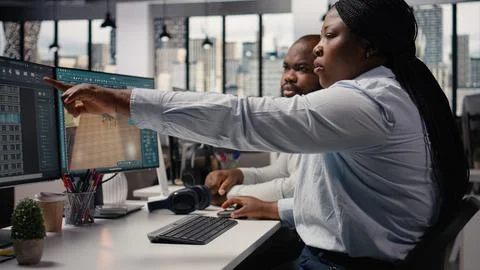 Black employees team using architectural CAD software for modern layout design Stock Photos