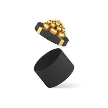 Black empty circle open gift box with luxury golden bow ribbon male present.. Stock Illustration