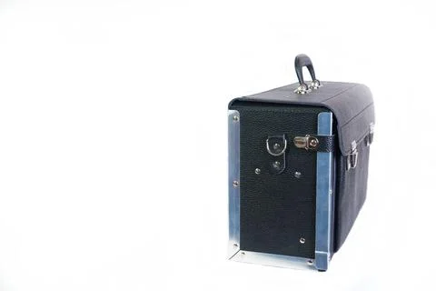 Black empty craftsman work case, leather assembly bag closed, side view Stock Photos