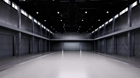 Black empty factory interior fully enclosed with ceiling lights Stock Footage 347580947