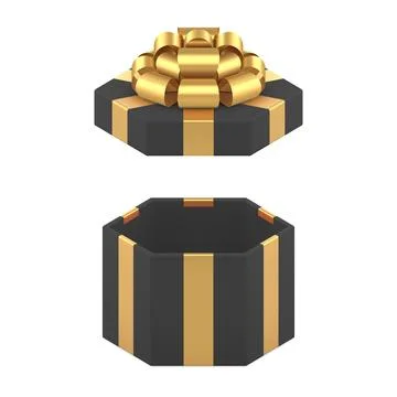 Black empty hexagonal gift box with open lid and luxury golden bow ribbon 3.. イラスト素材