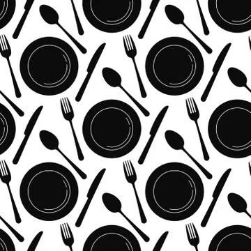 Black empty plate with spoon, knife and fork seamless pattern isolated on a w Stock Illustration