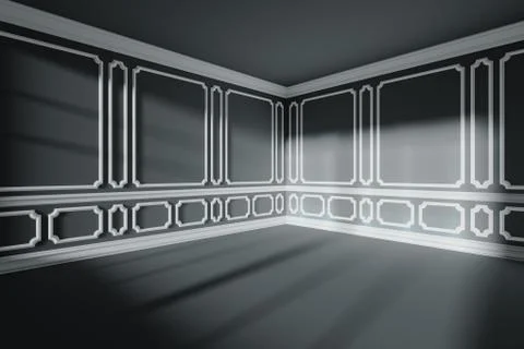 Black empty room with white classic decor on walls, wide angle Stock Illustration