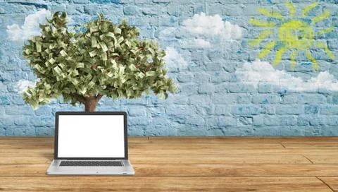 Black empty screen pc with money tree breeck background 3d render Success kno 스톡 일러스트