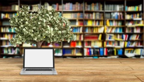 Black empty screen pc with money tree librury background 3d render Success kn Illustrazione stock