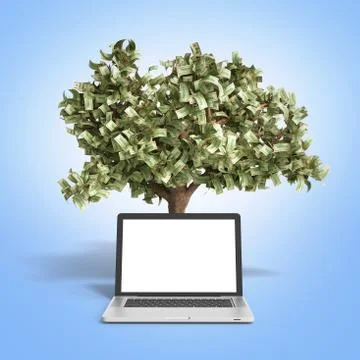 Black empty screen pc with money tree on gradient background 3d render Succes Illustrazione stock