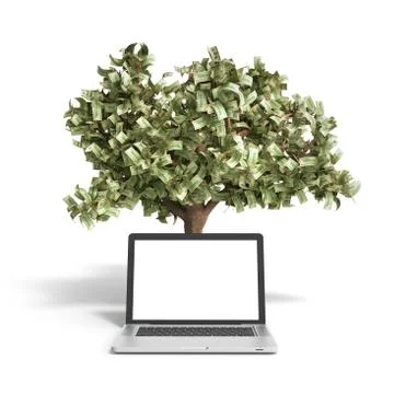 Black empty screen pc with money tree on white background 3d render Success k Illustrazione stock