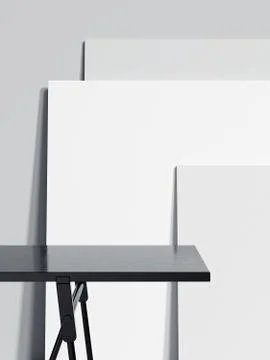 Black empty table and three blank picture frames. 3d rendering 스톡 일러스트