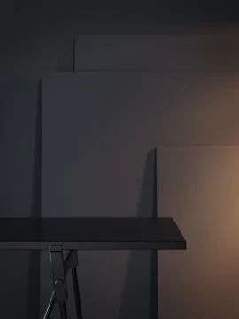 Black empty table and three dark picture frame. 3d rendering Stock Illustration