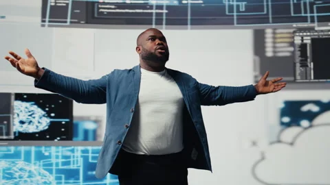 Black engineer explores algorithm design and binary code with AI tools Stock Footage 312477466