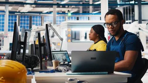 Black engineer inputs solar system parameters at industrial workstation Stock Photos
