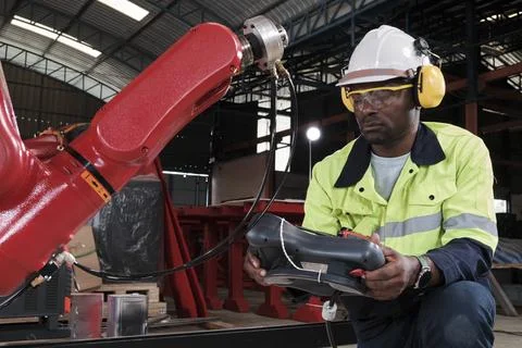 Black engineer test and control robotic arm in mechanical manufacturing factory. Stock Photos