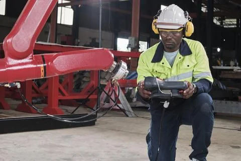 Black engineer test and control robotic arm in mechanical manufacturing factory. Stock Photos