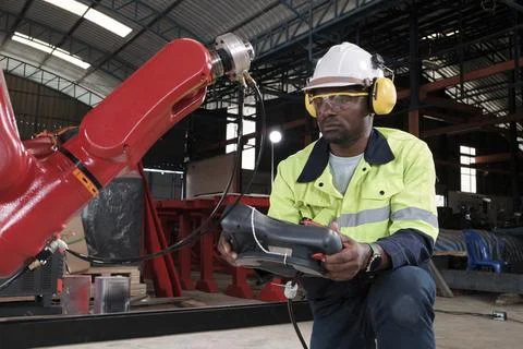 Black engineer test and control robotic arm in mechanical manufacturing factory. Foto stock