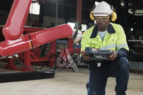 Black engineer test and control robotic arm in mechanical manufacturing factory. Stock Photos
