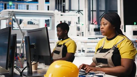 Black engineer testing solar technology at desk in renewable energy facility Stock Photos