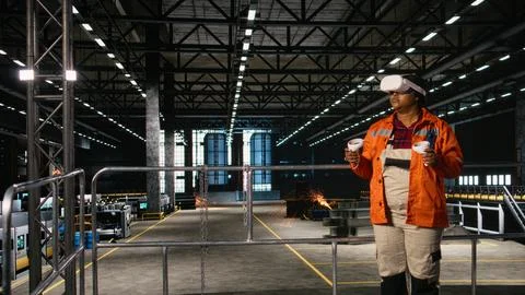 Black engineer uses VR goggles for interactive monitoring of machinery Stock Photos